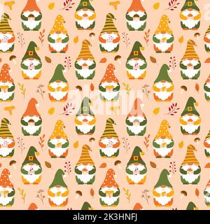 Seamless pattern with cute autumn gnomes holding mushroom, leaves, twigs in their hands. Backdrop of cartoon forest dwarfs for wrapping paper, wallpap Stock Vector