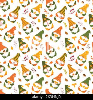 Seamless pattern with cute autumn gnomes holding mushroom, leaves, twigs in their hands. Backdrop of cartoon forest dwarfs for wrapping paper, wallpap Stock Vector