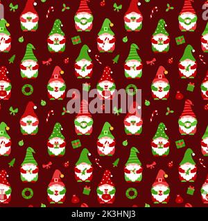Seamless pattern with small gnomes. Cute Christmas elf cartoon characters holding gift, candy, christmas ball. Flat vector elements for fabric, wallpa Stock Vector