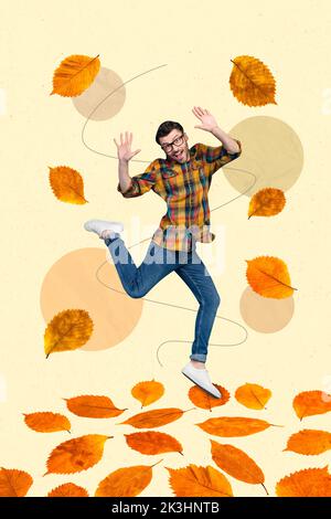 Composite collage picture image of funky positive cheerful man waling jumping playing autumn golden leaves foliage have fun weekend season Stock Photo