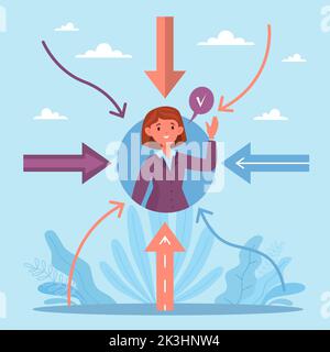 Customer oriented approach to buyer. Woman portrait icon and arrows in target, focus on client, marketing strategy, satisfied buyer and good reviews Stock Vector