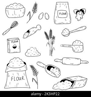 Baking ingredients in doodle hand drawn style. Bag with flour, eggs, kitchen whisk, rolling pin, wheat ear spikelet. Vector sketch illustration set fo Stock Vector