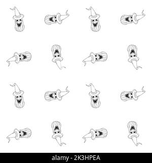 Halloween seamless pattern with line art cartoon smiling pumkins on white background Stock Vector