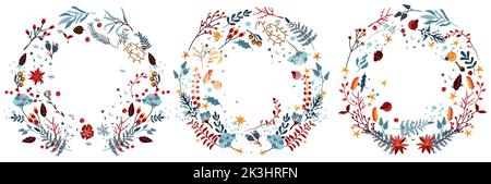 Christmas wreaths with red berries, colorful leaves, pine branches, winter flowers and other. Magical winter wreaths. Perfect for greeting cards, posters, banners.Vector. Stock Vector