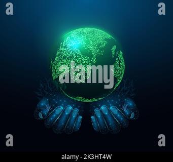 Two human hands are holds Planet Earth. Earth Day, Protection environmental, Ecology concept. Futuristic modern abstract background. Vector Stock Vector