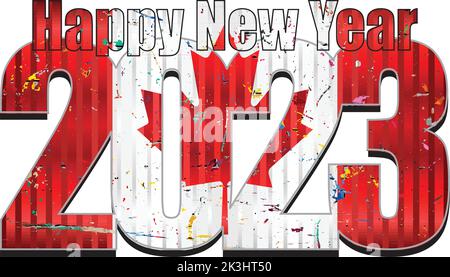 Happy New Year 2023 with Canada flag inside - Illustration, 2023 HAPPY NEW YEAR NUMERALS,  2023 Canada Flag Numbers Stock Vector
