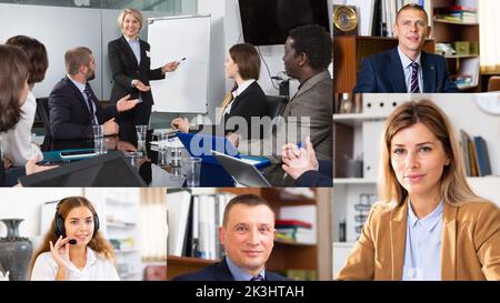 Screen of video conference between men and women managers Stock Photo