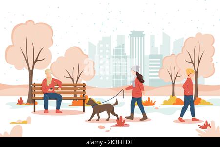 Women walking dog in cold snow winter with people in park - Stock Illustration  as EPS 10 File Stock Vector