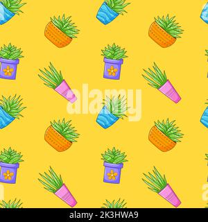 Seamless pattern with different cactus, succulent plant in bright flower pot. Cartoon Cacti. Hand drawing background with houseplants. Vector illustra Stock Vector