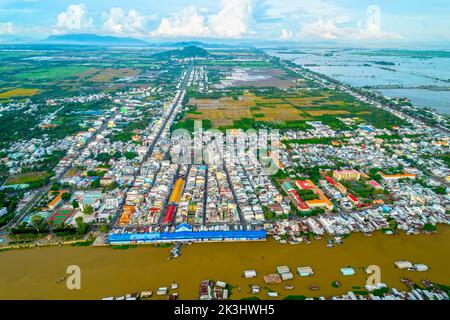 Chau Doc city, An Giang Province, Viet Nam, aerial view. This is a city bordering Cambodia in the Mekong Delta region of Vietnam. Stock Photo