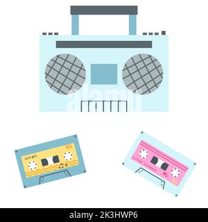Hand drawn old school stereo radio cassete player with audio mixtape. Vector illustration of retro portable tape recorder, boombox icon for print, gra Stock Vector