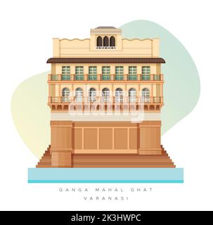 Varanasi City - Ganga Mahal Ghat -  Icon Illustration as EPS 10 File Stock Vector