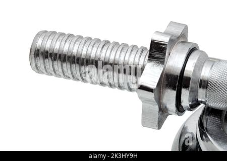 large thread with screw for fastening discs of additional weight adjustable dumbbell from stainless steel, prefabricated accessory closeup isolated on Stock Photo