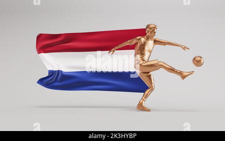 Golden soccer football player kicking a ball with netherlands waving flag. 3D Rendering Stock Photo