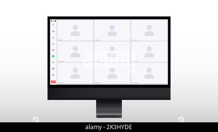 Application window for video communication. Modern glossy white screen monitor. For advertising design. Isolated over white background. Vector Stock Vector