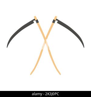 scythe isolated on white background. Scythe with wooden handle. Tools symbol. Stock Vector