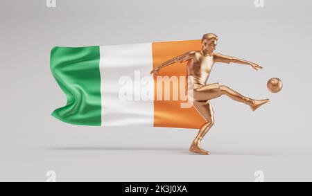 Golden soccer football player kicking a ball with ireland waving flag. 3D Rendering Stock Photo