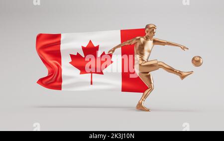 Golden soccer football player kicking a ball with canada waving flag. 3D Rendering Stock Photo