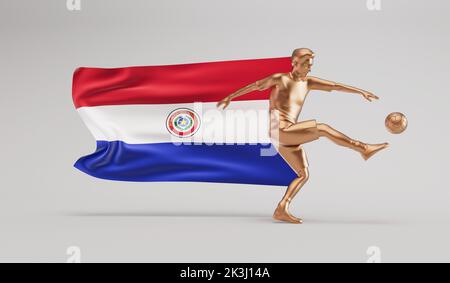 Golden soccer football player kicking a ball with paraguay waving flag. 3D Rendering Stock Photo