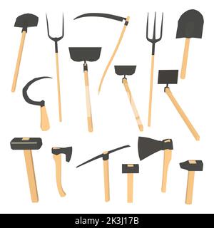 low poly tools pack, sledgehammer, hammer, axe, rake, Sickle, Scythe, Pitchfork, Mattock, Hoe Stock Vector
