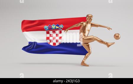 Golden soccer football player kicking a ball with croatia waving flag. 3D Rendering Stock Photo