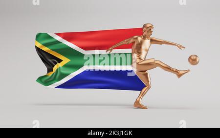Golden soccer football player kicking a ball with south africa waving flag. 3D Rendering Stock Photo