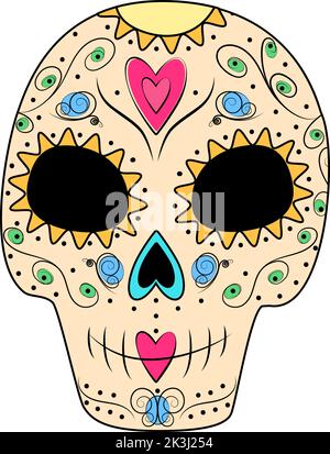 Colorful Sugar Skull with outline floral elements, butterfly and hearts on. Day of the Dead. Dia de los muertos. Mexico. Isolate. Sticker, icon. Good for poster, card, invitations, banner, flyer Stock Vector