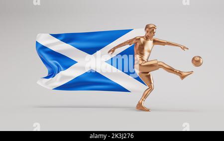 Golden soccer football player kicking a ball with scotland waving flag. 3D Rendering Stock Photo