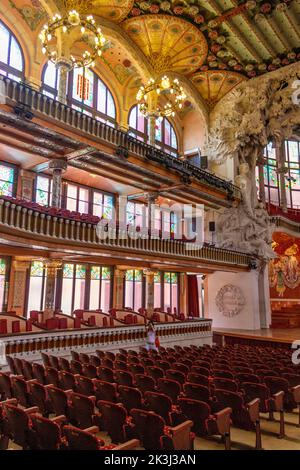 A vertical view from the theater seating interior of Palau de la Musica in Barcelona Stock Photo