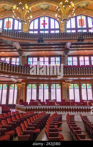 A vertical view from the theater seating interior of Palau de la Musica in Barcelona Stock Photo