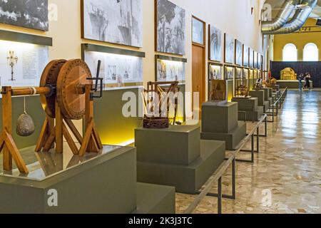 MILAN, ITALY - MAY 19, 2018: This is a hall with layouts of the inventions of Leonardo da Vinci, in the Museum of Science and Technology. Stock Photo