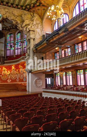 The vertical view of the theatrical setting and stage of Palau de la Musica in Barcelona Stock Photo