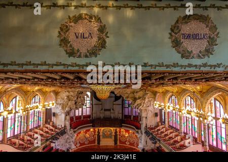 The view of the theatrical setting and stage of Palau de la Musica in Barcelona Stock Photo