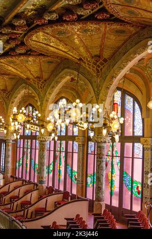 The vertical view of the theatrical setting vintage interior of Palau de la Musica in Barcelona Stock Photo