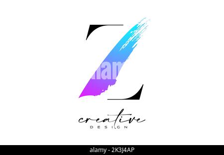 Brush Letter Z logo desgn with Artistic Colorful Blue Purple Paintbrush Stroke Vector. Elegant Initial Modern Z Logo Icon Idea with Serif Font Vector Stock Vector