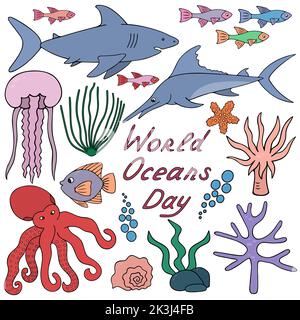 Sea creatures. Color vector illustration collection. Ocean dwellers. Undersea world. Shark, reef, jellyfish. Cartoon style. Isolated background. Stock Vector