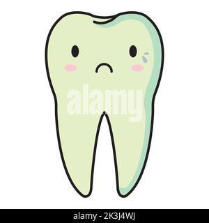 Cartoon flat illustration of a sick tooth. Kawaii sad tooth. Vector illustration. Stock Vector