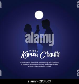illustration of Indian Hindu Festival happy Karva Chauth background with couple doing Karwa Chauth. Stock Vector