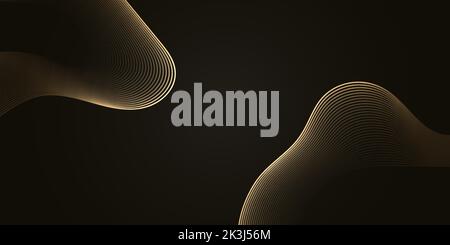 Luxury abstract banner template with gold blended waves on black background with copy space for text. Shiny dynamic light stripes. Futuristic twisted Stock Vector