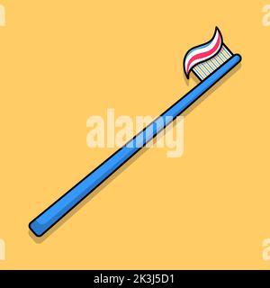 Cartoon flat illustration of a blue toothbrush and toothpaste on it. Vector illustration. Stock Vector