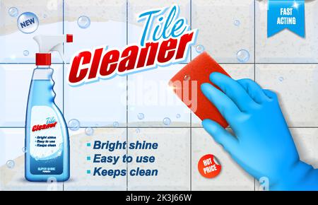 Floor, kitchen and bathroom tile cleaner, cleaning product detergent vector ad. Tile cleaner spray bottle, sponge and hand in glove, kitchen floor liquid wash and bath cleaner advertising template Stock Vector