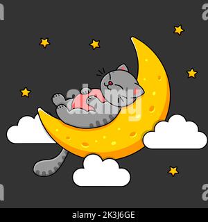 The gray cat sleeps on the moon. Sky stars and clouds. Childrens print. Vector illustration Stock Vector