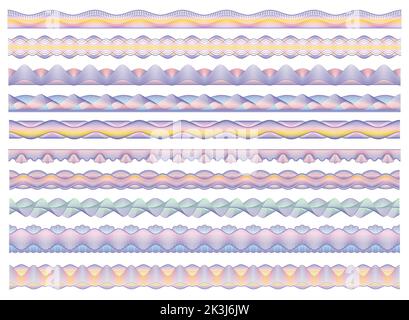 Color guilloche borders, bank money, diploma and certificate frame border pattern. Vector colorful elements, banknote security watermarks, seamless bordering for official document protection Stock Vector