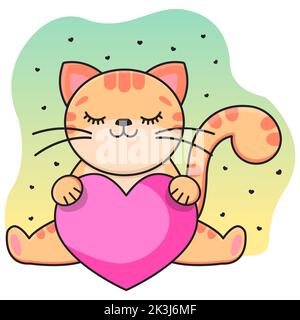 A gray smiling cat holds a red heart in its paws. Childrens print. Vector illustration. Stock Vector