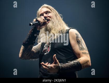 Copenhagen, Denmark. 26th Sep, 2022. The Swedish melodic death metal band Amon Amarth performs a live concert at Forum Black Box in Frederiksberg, Copenhagen. Here vocalist Johan Hegg is seen live on stage. (Photo Credit: Gonzales Photo/Alamy Live News Stock Photo