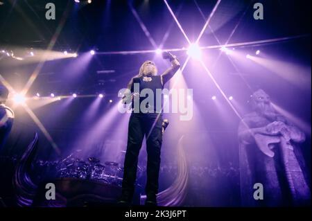 Copenhagen, Denmark. 26th Sep, 2022. The Swedish melodic death metal band Amon Amarth performs a live concert at Forum Black Box in Frederiksberg, Copenhagen. Here vocalist Johan Hegg is seen live on stage. (Photo Credit: Gonzales Photo/Alamy Live News Stock Photo