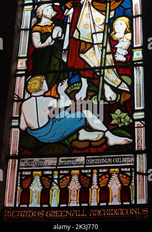 Ricardus Greenall,Archidiaconus Cestrensis,South wall ,John The baptist window, at St Thomas, Stockton Heath, Warrington, Cheshire,England,UK,WA4 6HJ Stock Photo