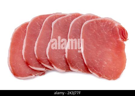 Raw pork loin steaks, slices isolated on white, clipping path Stock Photo
