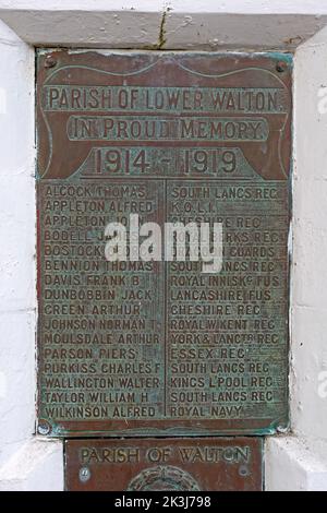 Parish of Lower Walton, war memorial ,1914 WWI, Ellesmere Road, Lower Walton, Warrington, Cheshire, England, UK, WA4 6EG Stock Photo