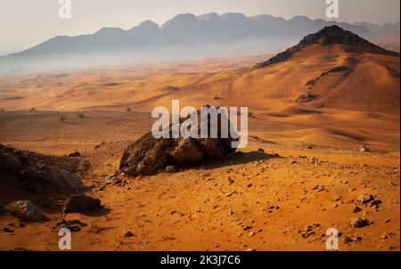 Maleha desert. Maleha is a big dunes in Sharjah, UAE. Fossil rock or pink rock is a hard rock structure right in between sand dunes, an natural wonder Stock Photo